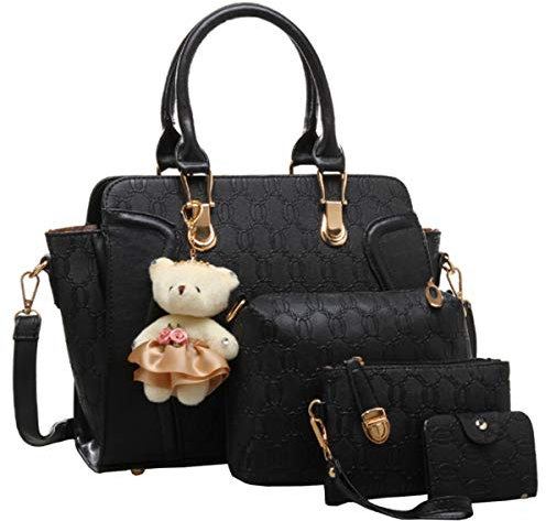 FiveloveTwoDamen 4Tlg. Handtaschen Set Umhängetasche Schultertasche Tasche PU Shopper Clutch Kartenhalter Geldbörse Tragetasche mit Bär Ornamente (Black)