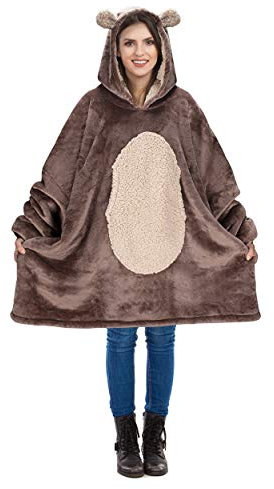 Catalonia Classy Bear Oversized Hoodie Blanket Women, Warm Winter Gifts for Her, Super Soft Fleece Wearable Blanket, Cute Hooded Blanket with Front Pocket for Adults Teenagers, Bear