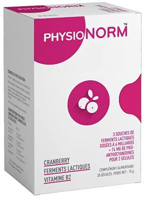 Physionorm Cranberry - Complement Alimentaire pour Femme Contre Infections Urinaires - Renforce la Flore Intestinale - Probiotique, Ferments Lactiques & Vitamine B2-30 gélules