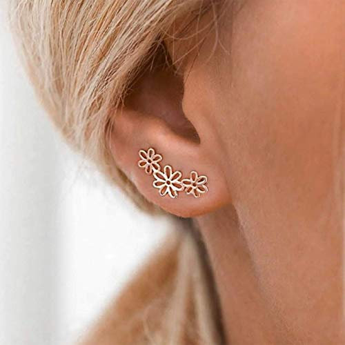 TseanYi Ohrringe mit hohlen Blumen-Ohren, winzige goldene Ohrstecker, Blumen-Charm, Crawler, Ohrschmuck für Damen und Mädchen, 2 Count (Pack of 1), Metall