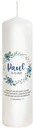 Liamoria® Taufkerze Kranz mit blauen Rosen für Jungen und Mädchen personalisiert 25 cm Modell Paul - Wunderschönes Geschenk zur Taufe