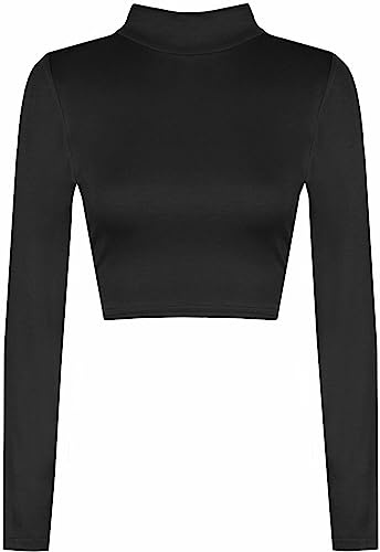 Zerox World Womens Polo Turtle Neck Long Sleeve Cropped T Shirt – Ladies Plain Basic Crop Top for Casual Wear, Stretchy Slim Fit, Soft Comfortable Fabric Black
