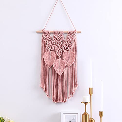 LT&NT Makramee Wandbehang Boho Dekor,Baumwolle Handgemacht Wanddeko Wandteppich Hängende Wand-Dekor,Feder Gewebter Wandteppich,Böhmischen Makramee Dekor Geometrisch-Rosa 35x60cm