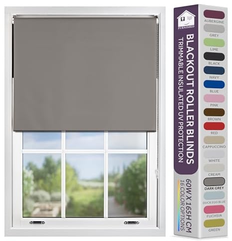 FURNISHED Blackout Roller Blind with Metal Fittings Trimmable Insulated Thermal Fabric Heavy-duty Easy Install Brackets Window Roller Blinds - Dark Grey, 220W x 165H cm