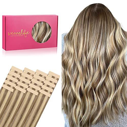 WENNALIFE Extensiones adhesivas de cabello real, 20 unidades, 50 g, 55 cm, color marrón ceniza con reflejos en tono rubio dorado, extensiones invisibles, sedosas, rectas y sedosas