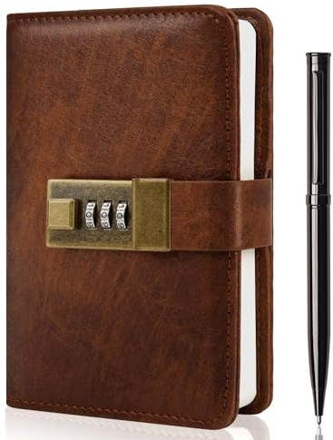 WEMATE Journal with Lock, Diary with Lock 192 Pages, Password Notebook, Pen & Gift Box - Perfect for Men and Women - 4.3X 6.18in Brown Keep Your Secrets Safe