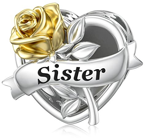 LANBEIDE Sister Charms for Pandora, 925 Sterling Silver Love Heart Beads Charms with Gold Rose for Bracelet Necklace Birthday Present for Women