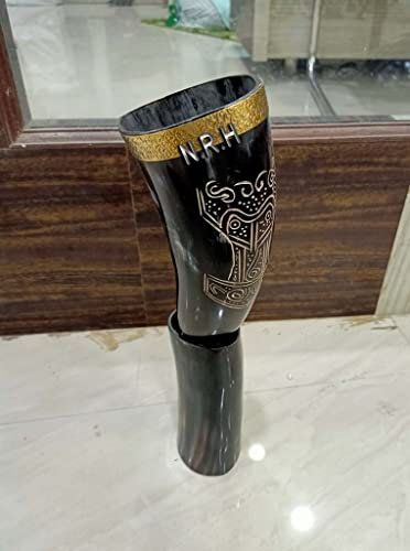 Viking Drinking Thor Design Cuerno con ribete de latón y soporte de alle, bebida fría, agua, vino, agua,agua y cerveza jarra