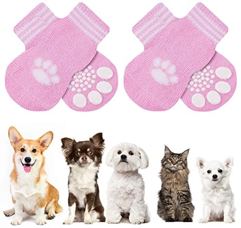 AUAUY Indoor Anti-Rutsch Socken für Hunde und Katzen, Pet Socken, Hundesocken Anti Rutsch Pfotenschutz und Traktion Dank Silikon-Gel 2 Größen für Kleine-Mittlere Tiere(Rosa M)