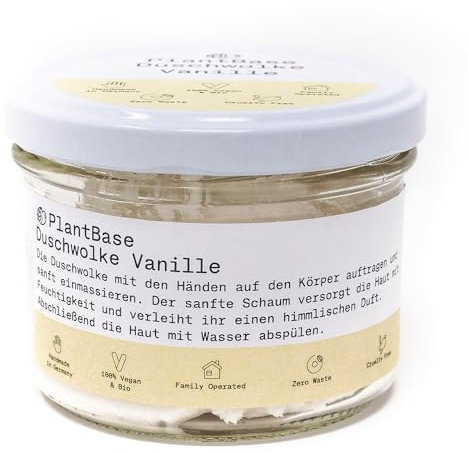 PlantBase Duschwolke Vanille 110g, 3in1 Duschgel beruhigend, Peeling Körper Gesicht & Pflege in Einem, mit Vanille, Naturkosmetik vegan handgemacht Made in Germany