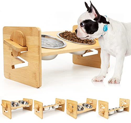 Elevated Dog Bowls for Small Dogs, Adjustable Slanted Raised Dog Bowls for French Bulldog, Tilted Easy Eat Pet Feeder, Bamboo Feeding Stand W/Stainless Steel Food Water Bowls for Flat Face Puppy Cat