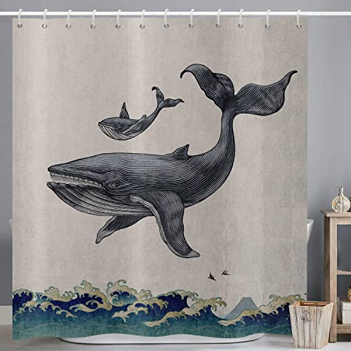 ASDCXZ Duschvorhang Fisch 180x180 cm, Handgemalt Maritim Meerestiere Wal Fische Meereswelle Beige Waschbar Bad Duschvorhänge Polyester Textil Wasserdicht Duschvorhang für Badewanne mit 12 Haken
