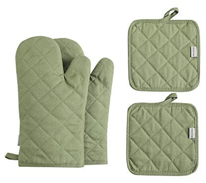 M Miaoyan Ofenhandschuhe und Topflappen, 4-teiliges Set, hohe Hitzebeständigkeit, 500 Grad, extra dick, lang, Küchen-Baumwoll-Ofenhandschuh zum Kochen (30,5 cm, grün)