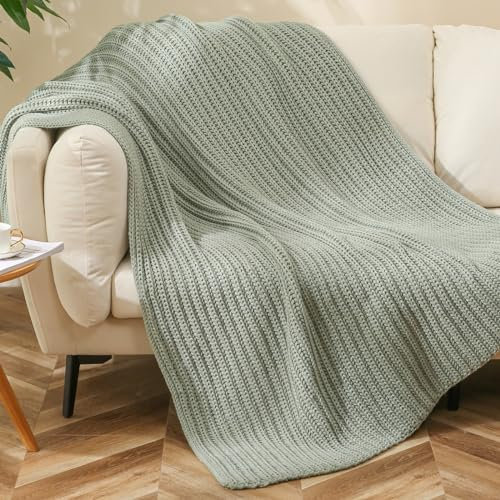 WESHIONGOO Chunky Cable Knit Throw Blanket Lightweight Sage Green Knitted Throw Blanket for Couch Bed Sofa Chair Warm Fluffy Cozy Machine Washable (50×60“)
