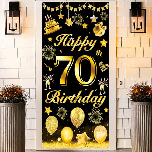 70. Geburtstagsfeier Dekorationen Banner, Schwarzes und Gold 70. Geburtstag Dekoration für Mann, 70. Geburtstagsfeier Tür Banner Hintergrund Poster Schild für 70. Geburtstagsfeier Deko, 185 × 90cm