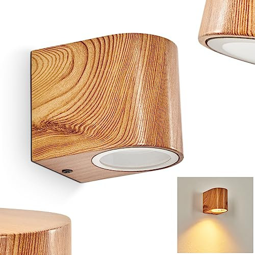 HOFSTEIN Außenwandleuchte Skaabu, moderne Außenlampe aus Aluminium/Glas in Holzoptik/Braun/Klar, Wandlampe für außen mit tollem Lichteffekt, Höhe 8 cm, IP44, 1 x GU10, ohne Leuchtmittel