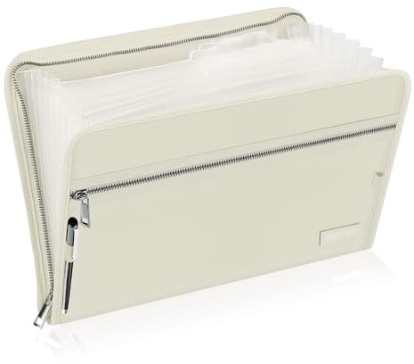 ENGPOW Fächermappe mit 13 Fächern, feuerfest, Akkordeon-Aktenordner, Dokumenten-Organizer mit Reißverschluss, tragbarer Aktenordner, sicher mit bunten Tabs für A4/Briefpapier, Akten, (Beige)