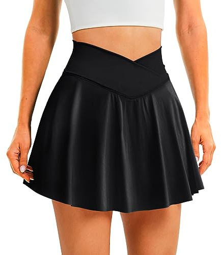 DLOODA Womens Tennis Skirt with Pockets Shorts Crossover High Waisted Athletic Skorts Skirts for Golf Running Workout (Black M)