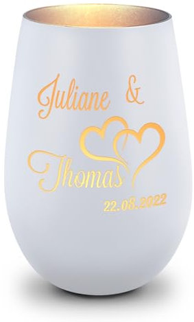 GRAVURZEILE Deko Windlicht aus Glas mit Gravur - Die große Liebe - Personalisiert mit Name & Datum - Persönliche Geschenke für Frauen und Männer zur Hochzeit - Weiß/Silber