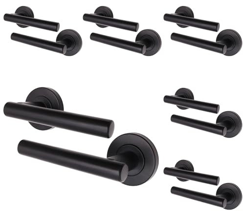 EAI Black Internal Door Handle | 6 Pairs Matt Black Lever on Rose Round Handles | Oliena Range