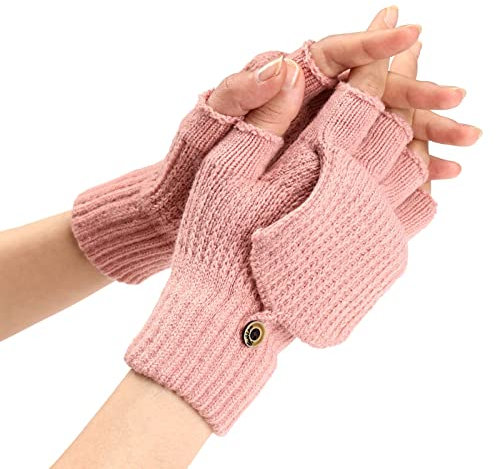Fingerlose Handschuhe Damen Thermo Touchscreen Thermohandschuhe Halbfinger Handschuhe Ohne Fingerkuppen Winter Fingerhandschuhe mit Fingerkappe Klappbar Schwarz Winterhandschuhe Damenhandschuhe