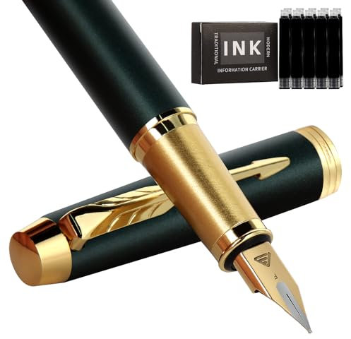 Zalantan Fountain Pen, luxury pens, Fine point smooth writing pens for journaling fancy pens with Gift Case 10 black ink cartridges an ink converte nice pens metal pen writer gifts (Matte Green)