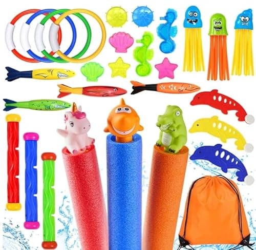 Lubibi Tauchspielzeug, 29-teiliges Schwimmbad Pool Spielzeug-Set, enthält Wasserspritzpistolen, lustige Kraken mit Gesichtern, Aufbewahrungstasche, Toypedo Bandits, für Kinder Jungs & Mädchen