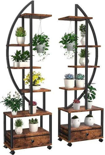 Tall Plant Stand Indoor with Drawer & Lockable Wheels, 6 Tiered Metal Stands for Indoor Plants Multiple, Half Moon Flower Plant Shelf Display Holder for Home Decor, Living Room, Patio, Balcony, Garden