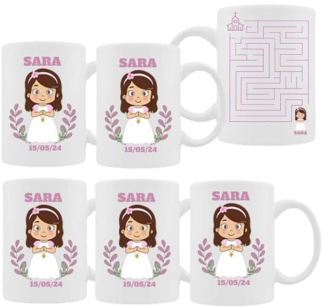 ELISA BOTELLA Pack taza comunion + bolsa de tela, kit regalo comunion bolsa de tela con taza mi primera comunion (5 tazas personalizadas Laberinto Comunión NIÑA)