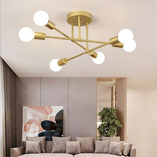 Mengjay Deckenlampe Vintage Deckenleuchte Retro 6 Flammig Wohnzimmerlampe Industrie E27 Kronleuchter Schlafzimmerlampe Industriellampe Esstischlampe Rustikal Stil (Gold)