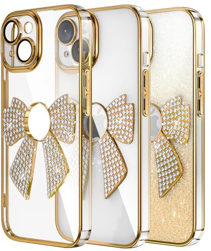 IMEIKONST Compatible with iPhone 14 Phone Case, Glitter Camera Protector Case Bling Shining Diamond Bow Elegant Design Soft TPU Thin Slim Fit Rubber Bumper Cover for iPhone 14. Gold KDH