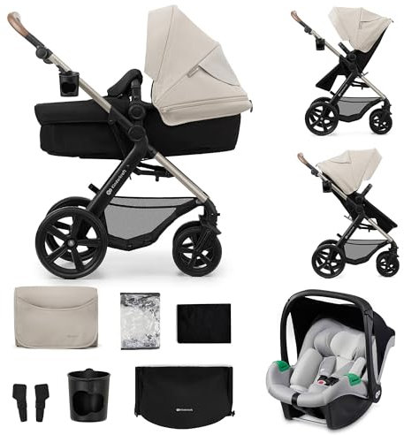 Kinderkraft MOOV2 Poussette 3 en 1, Système de voyage de la naissance à 27 kg, Siège auto Mink PRO I-Size inclus, Capote extensible avec filtre UPF50+, Accessoires pratiques, Gris