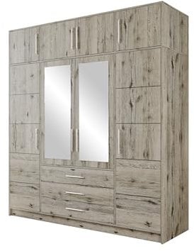 Drehtürenschrank + Schrankaufsatz Bado 4D, Kleiderschrank mit Spiegel, Schubladen und Spiegeltüren, Elegantes Schlafzimmer Schrank, Jugendzimmer (Wellington Eiche)