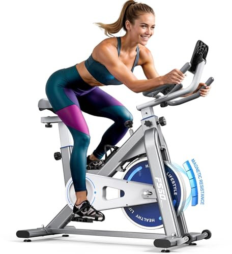 FYSIQ Heimtrainer Fahrrad mit 300 WATT Widerstandsmoment, 4-Fach Voll verstellbarem Ergometer Hometrainer Fahrrad, Indoor Fitnessbikes mit RPM ANZEIGE, Große Tablet-Halter, 150 KG Belastbar(Grau)