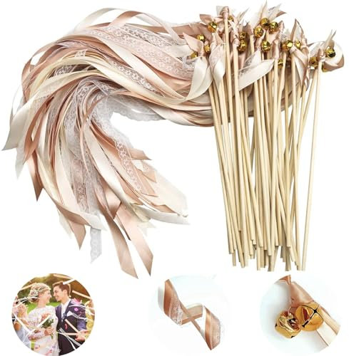 Wedding Wands, 50 Stück Stäbe mit 100 Groß Glöckchen und 150 Hochzeitsbändern, Zauberstäbe Hochzeit Luftschlangen, Hochzeiten Geburtstage Partys Feiertagsfeiern verwendet (Champagner-Farbe 50 Stück)