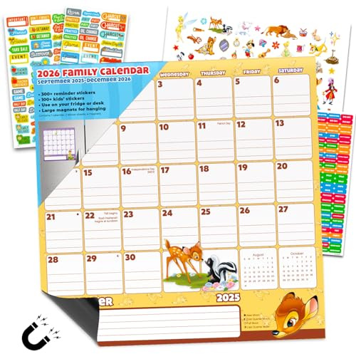 Disney Family Calendar 2025 - Deluxe 2025 Disney Characters Magnetic Family Planner Wall Calendar Bundle with Dumbo, Peter Pan, More & 500 Calendar Stickers (Home Organizing Gifts, Office Supplies)