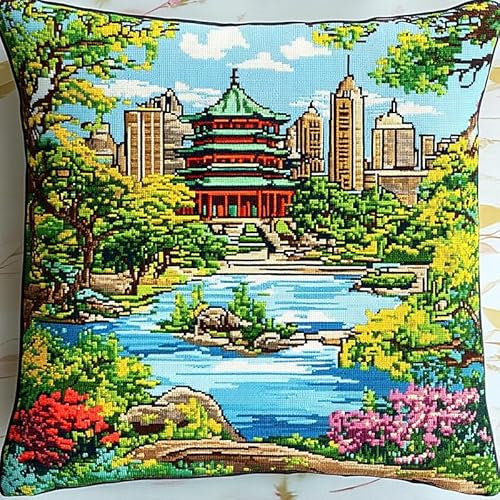 WallustrioaW natürliche Landschaft DIY Kreuzstichkissen,Parkpavillons und Pavillons,Stickset,Kreuzstich Kissen zum Basteln Stickkissen Stickpackung mit Vorgedruckt Kreuzstichmotiv,45x45cm