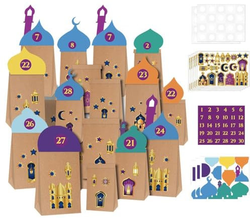 30 Teile/Satz Ramadan Countdown-Kalender Geschenk Gold Aufkleber Set Kraft Papier Ramadan Themed Party Favor