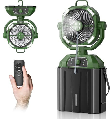 Ventilateur de Camping Avec Seau 6L et LED, 20000mAh Battery Portable Misting Fan, 3 Modes de Brumisation, Oscillation Verticale 45°, Ventilateur de Brumisation pour le Camping/Pêche/Voyage, Vert