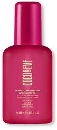 Coco & Eve Tan Boosting Anti-Aging Body Oil SPF50 - Tanning Accelerator Spray, UVA UVB Sun Protection | Fast Tan Enhancer With Natural Ingredients, Antioxidants for Healthy Bali Glow (150ml)