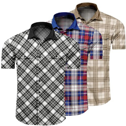 3 Pack Mens Short Sleeve Button Down Mens Button Up Short Sleeve Two Pockets Soft Vintage (UK, Alpha, XL, Regular, Regular, #9)