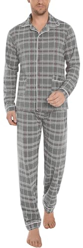 iClosam Pyjama Homme avec Bouton Coton Pyjama Long à Carreaux Ensemble de Loungewear Hiver à Manches Longues Vêtements de Détente avec Poches Confortable