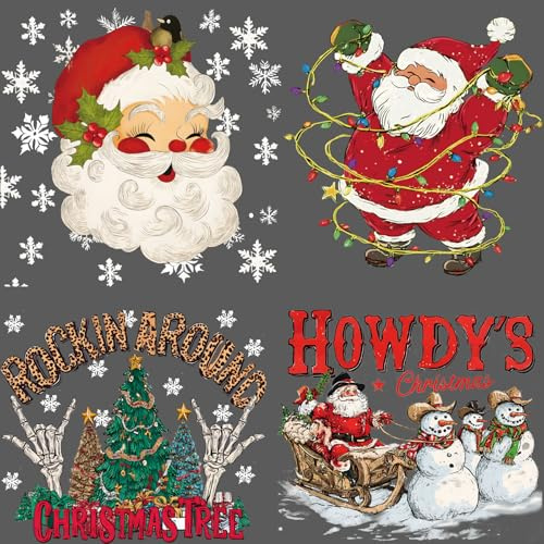 SUPERDANT 4Pcs Christmas Tree Iron on Patches Santa Claus Transfer Sticker DIY Iron Decals for Clothing T-Shirt Backpacks Pillows Christmas Decor