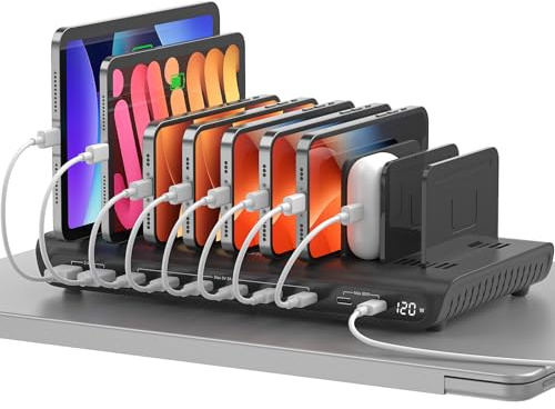Alxum 120W 10 Ports Station de Charge USB-C avec LED & PD 65W/QC 3.0 | 8 ports USB-A & 2 ports USB-C. Cloisons réglables. Sécurité intégrée. Idéal pour bureaux, écoles & lieux publics.
