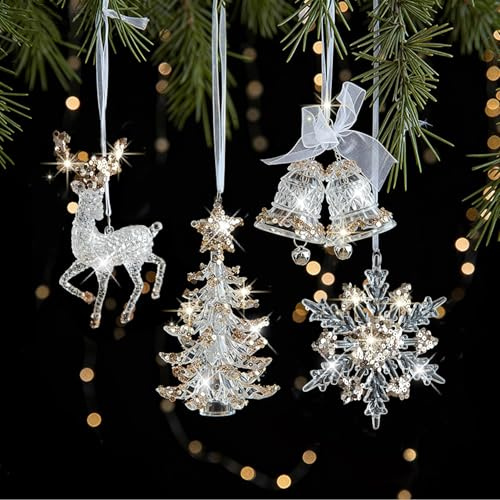 4 Stück Acryl Schneeflocken Eiszapfen hängende Ornamente, Weihnachtsbaum Kristall Dekorationen, Weihnachtsbaumschmuck, Weihnachtsbaumanhänger Weihnachten Party Hochzeit Neujahr Dekoration