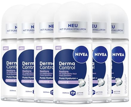 NIVEA Derma Control Restore Deo Roll-On (50 ml), Deodorant für empfindliche Haut, Antitranspirant mit hypoallergenem Duft, Hyaluron und Vitamin E, bietet 72 Stunden Schutz (6 x 250 ml)