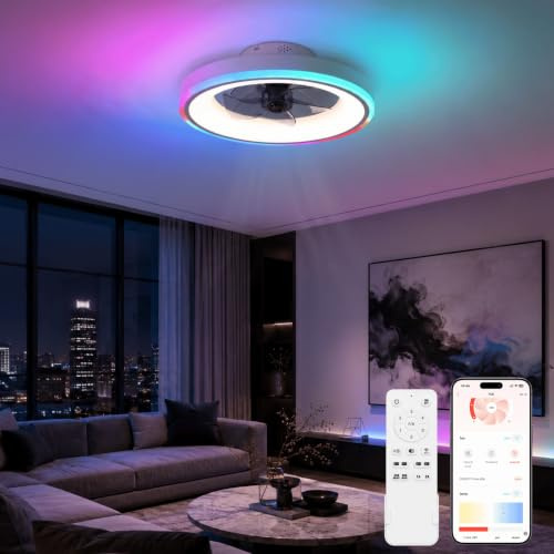 LXQMHB 50 cm Deckenventilator mit Beleuchtung, RGB-Licht, leise, Weiß