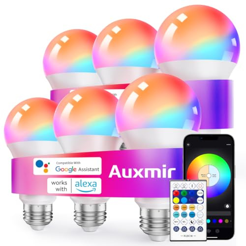 Auxmir Smart Glühbirne E27, WLAN LED Lampe 800LM, RGBWW Dimmbar, 6 Stück | Smart Bulb APP Kompatibel mit Alexa, Google Assistant, 16 Mio. Farben, DIY-Szenen, Musiksync, 10W für Smart Home Zubehör