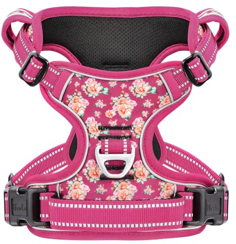 HEELE Hundegeschirr, Brustgeschirr Anti Zug Geschirr Hund, Blume-Rose, XL | Brustgeschirr für Mittelgroße Hunde, Weich Atmungsaktiv Einstellbar Reflektierend Hundegeschirr Anti Zug Gepolstert Griff