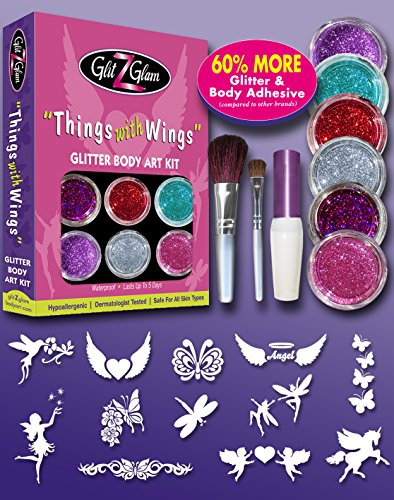 Kit de tatuajes de brillantina - Things with Wings (Cosas con alas) con 6 brillantinas grandes y 12 plantillas reutilizables para tatuajes temporales.